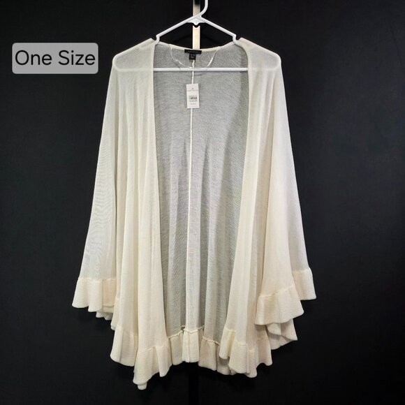 NWT Ann Taylor Cream Ruffle Trim Ruana Poncho Cardigan One Size Open Front Knit - Picture 1 of 7